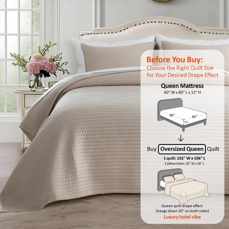 KASENTEX Oversized Queen Quilt Set 102"x106" â€“ Soft Washed 3-Layer Lightweight Bedspread, Minimalist Nordic Design, All-Season Spring & Summer Quilt Set (1 Quilt + 2 Pillow Shams),Light Taupe - Image 3